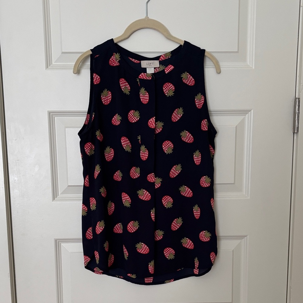LOFT Dark Blue Sleeveless Top with strawberry Design